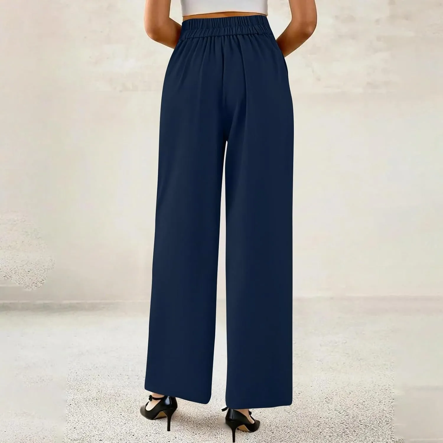 Womens Wide Leg Dress Pants Stretchy Palazzo Pants Business High Elastic Waisted Button Long Trousers