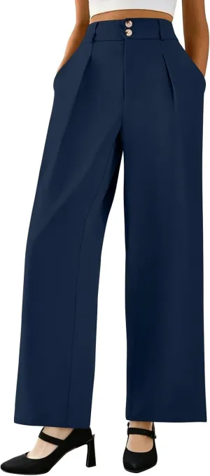 Womens Wide Leg Dress Pants Stretchy Palazzo Pants Business High Elastic Waisted Button Long Trousers