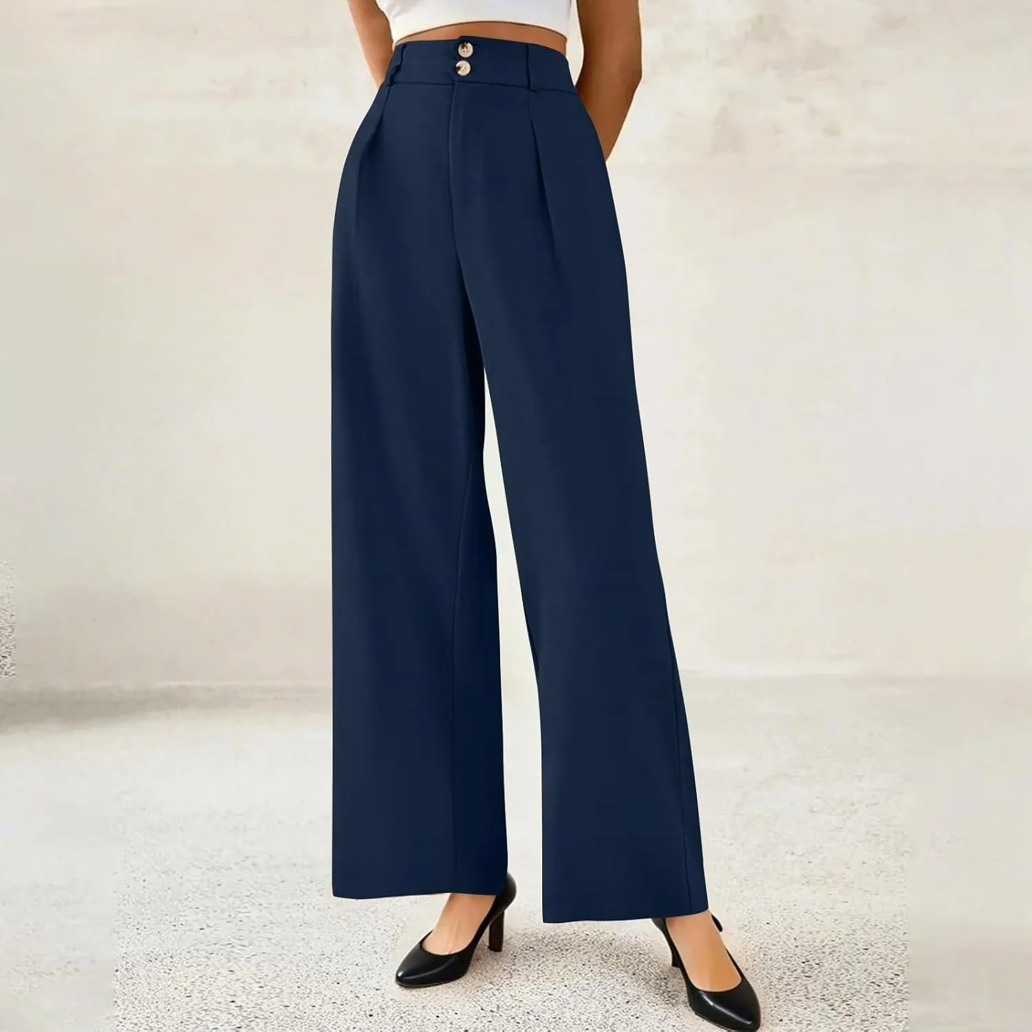 Womens Wide Leg Dress Pants Stretchy Palazzo Pants Business High Elastic Waisted Button Long Trousers